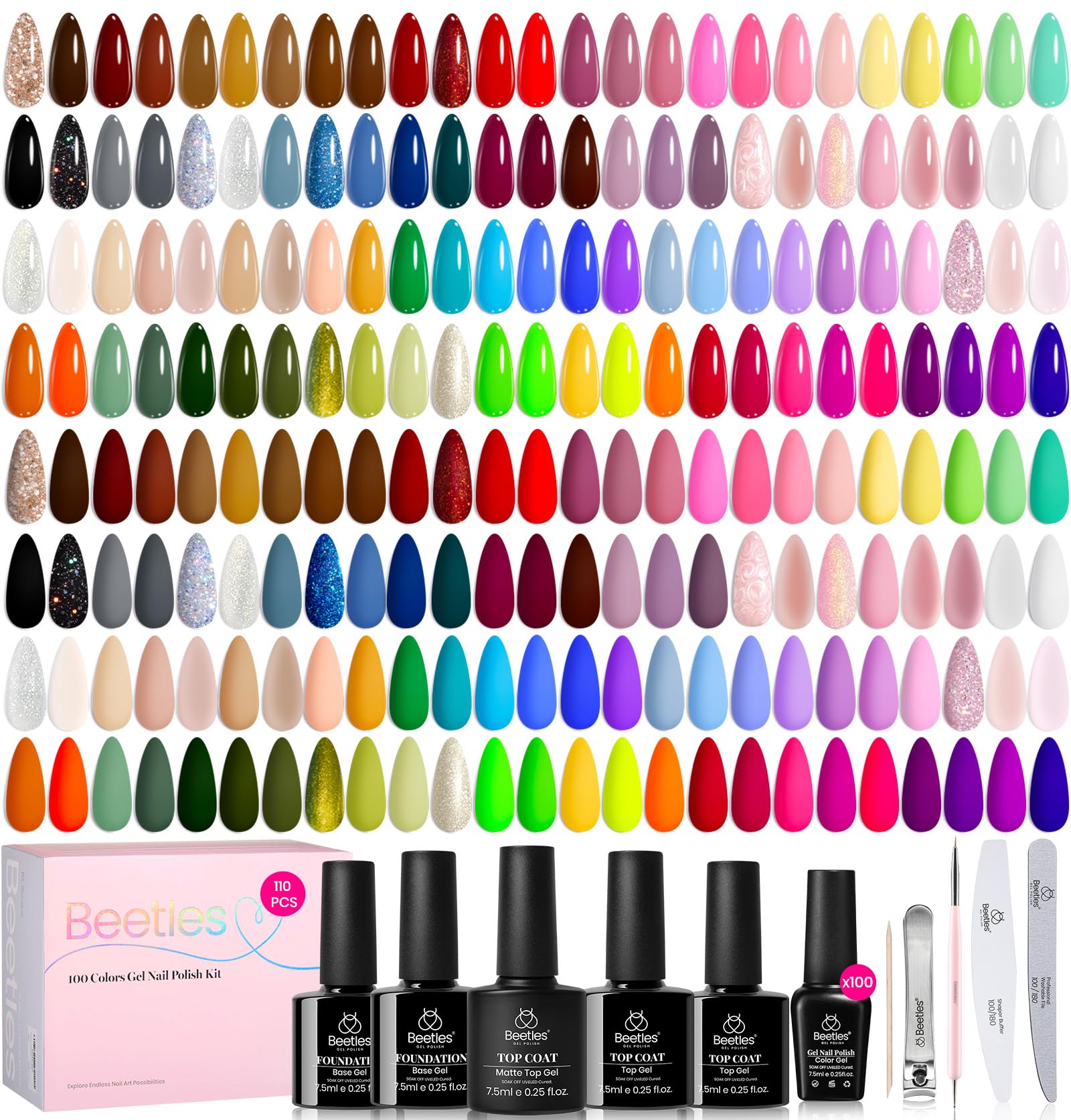 Photo 1 of Beetles 110 PCS Gel Nail Polish Set, 100 Colors Infinite Inspiration All Season Red Brown Green Black Gel Polish with 5Pcs Base Top Coat Soak off UV Gel for Manicure Lovers DIY at Home Gifts for Women