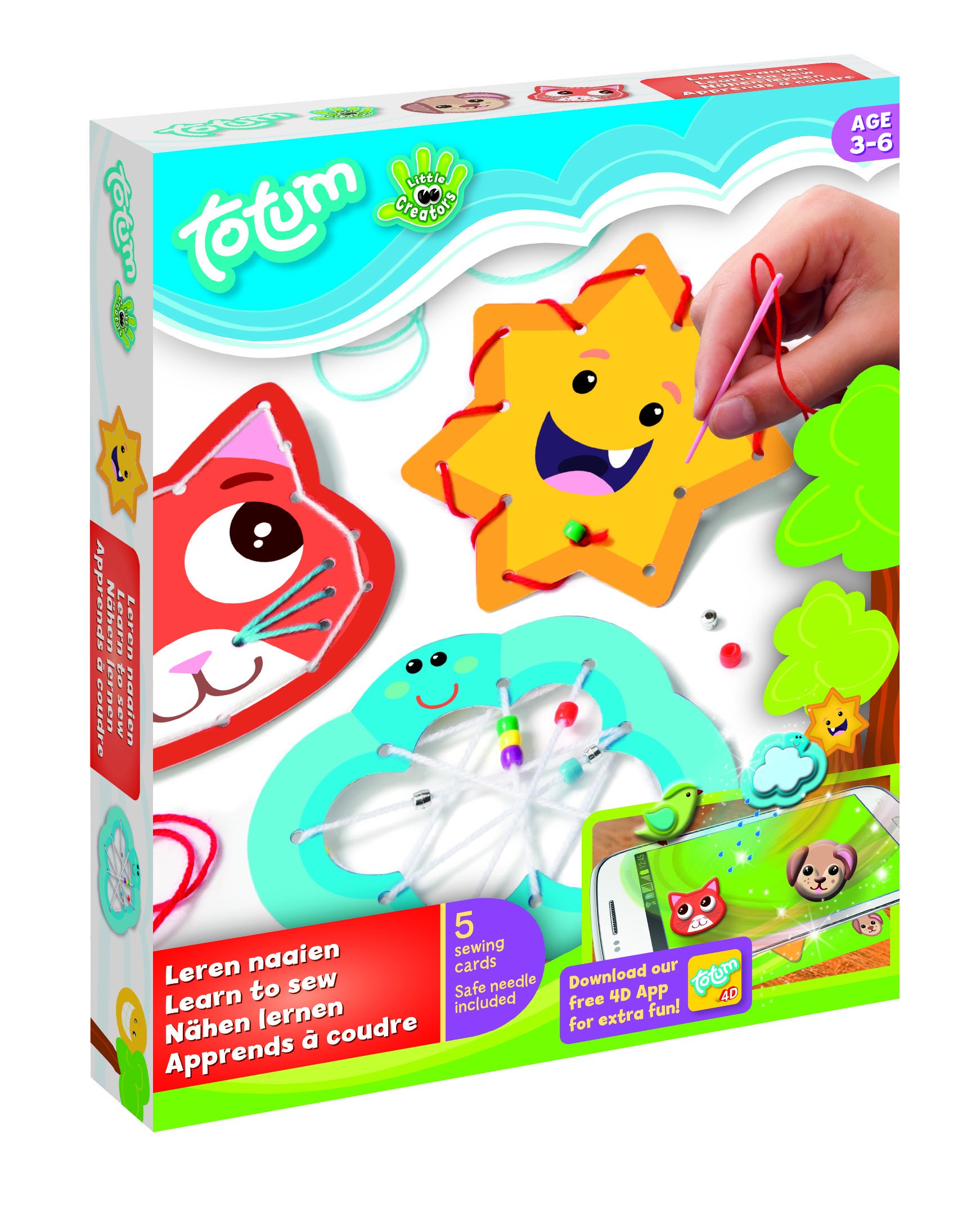 Speelgoed Totum Little Creators Craft Kit - Learn to Sew with Various Sewing Templates, Coloured Wool Threads, Needle and Beads