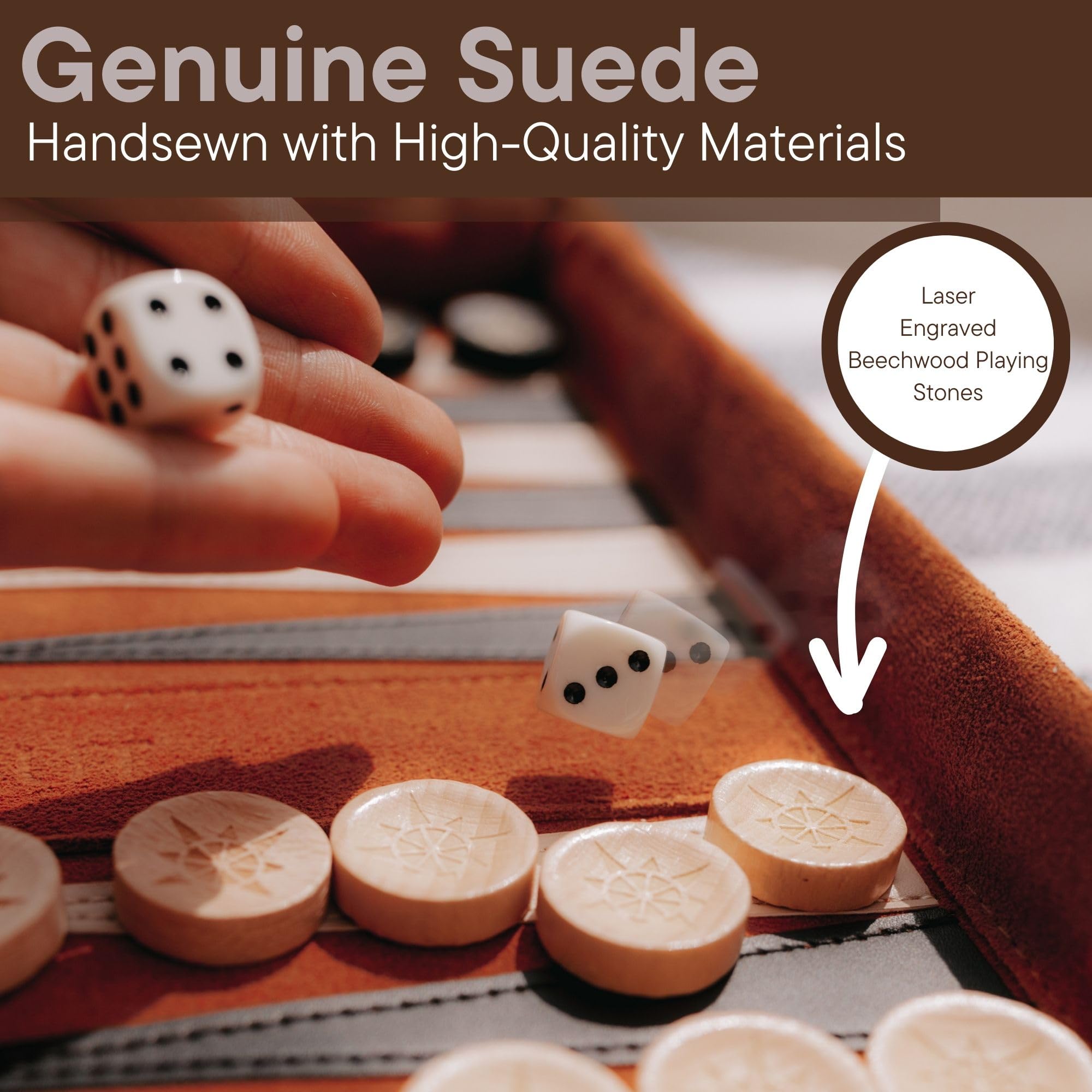 Sondergut Roll-up Portable Suede Deluxe Backgammon Game Set- Elegant Design Engraved Wood Stones Pop-Up Playing Field - Ideal for RV Travel, Cruise, Airplane, Camping, Backpacking, Road Trips, Etc.