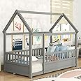 Kids Montessori Twin Size Floor Bed with High Fence, House Bed for Kids, Wooden, Gray