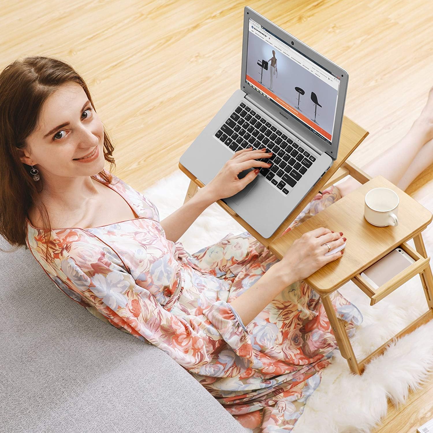 SONGMICS Bamboo Laptop Desk, Foldable Bed Table, Height Adjustable Sofa Tray, with 5 Tilting Angles, Air Holes, Small Drawer - Image 3