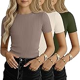 YooAurvox 3 Pack Teen Girls' Ribbed Short Sleeve Shirts Kids Crew Neck Soft Tees Summer Basic Casual Knit Tops 5-14 Years