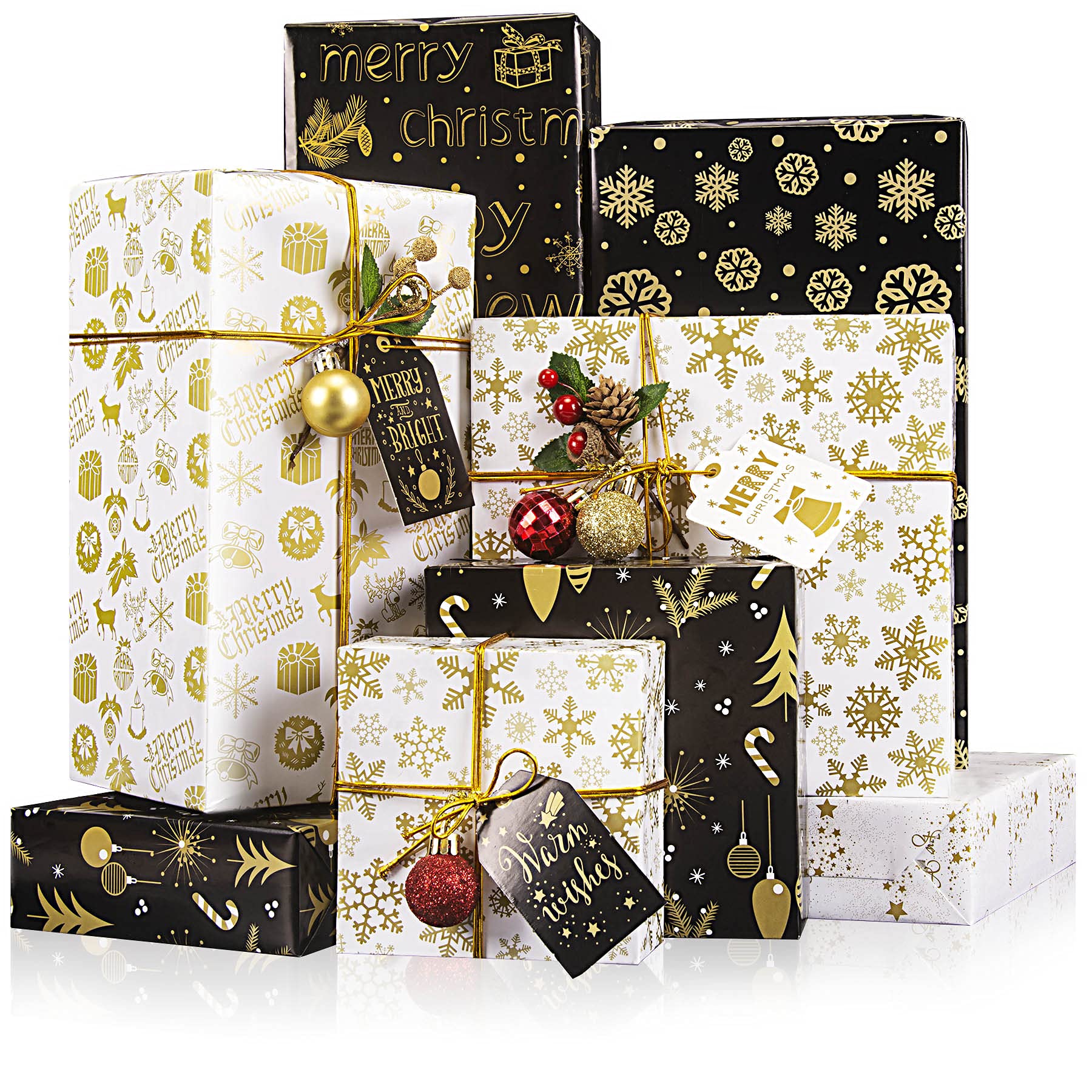 TOPTIME Christmas Wrapping Paper with Christmas Stickers,Gift Wrapping Paper Black and White Hot Stamping Wrapping Paper, Perfect for Xmas New Year-Gold Stamping Snowflake Gift Box, 6 PCS,70x50CM