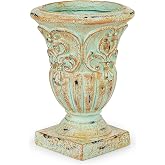Sungmor Vintage Resin Trophy Planter, 13 Inch Embossed Design, Green | Garden Urn with Drainage Hole, Decorative Plant Pot Indoor Outdoor Plant Container, Shabby Chic Flower Vase Home Decor