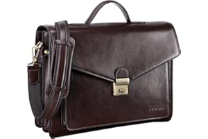 Banuce Vintage Leather Briefcase for Men Hard Attache Case with Lock Professional 14 Inch Laptop Business Work Bags with Luggage Strap Dark Brown