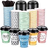 Gerrii 100 Pack Disposable Coffee Cups with Lids and Straws, Motivational Paper Hot Cups with 6 Quotes and Designs for Water, Juice, Coffee, Tea, Home, Shop Cafe(12 oz)