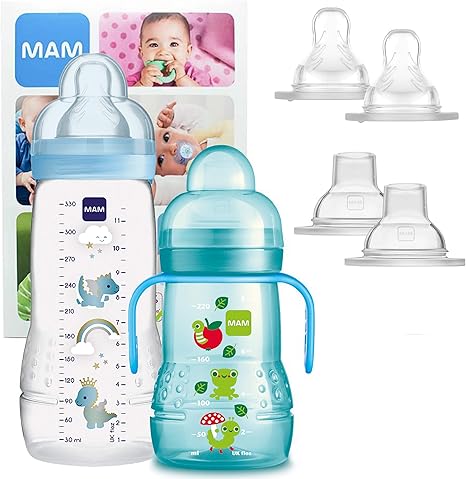 MAM Training Bottle Set, regalos para bebés de +4 meses, incluye 1 biberón Trainer (220 ml) y 1 biberón Easy Active (330 ml), juego de biberones con bonitos dibujos, NIÑO (Boy): Amazon.es: Bebé