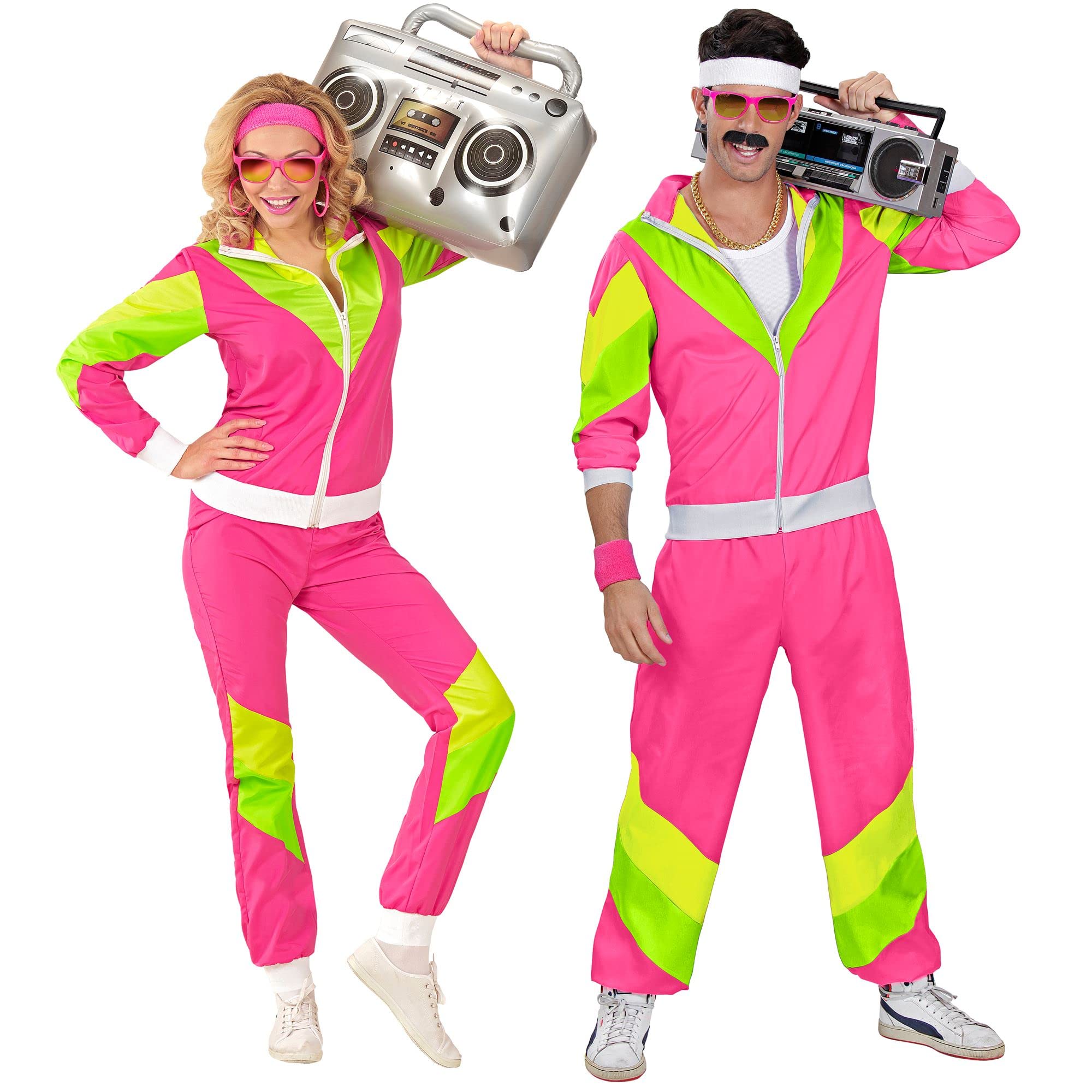 Widmann 98810 - Adult Costume 80s Tracksuit, Pink/Yellow/Green, XXL