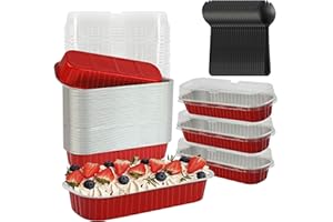 BAKINGPAK Mini Cake Pans With Lids, 50PCS 6.8OZ Rectangle Disposable Ramekins Cupcake Liners With Lids Loaf Baking Cups Mini Aluminum Pans with Lids for Children Party Wedding Brithday Party,Red