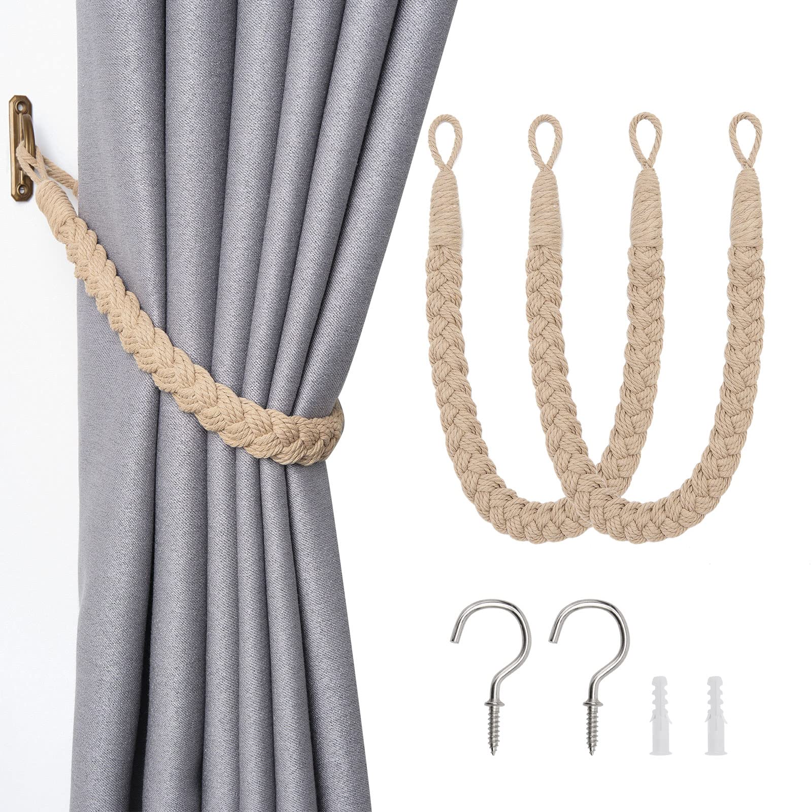 Pretty Jolly 2 Pack Natural Cotton Rope Curtain Tiebacks Elegant Boho Style Decorative Drape Tie Backs Soft Hand-Woven Rope Curtain Holdbacks with Metal Hook for Home & Office Drapery (Dark Beige) — image 1