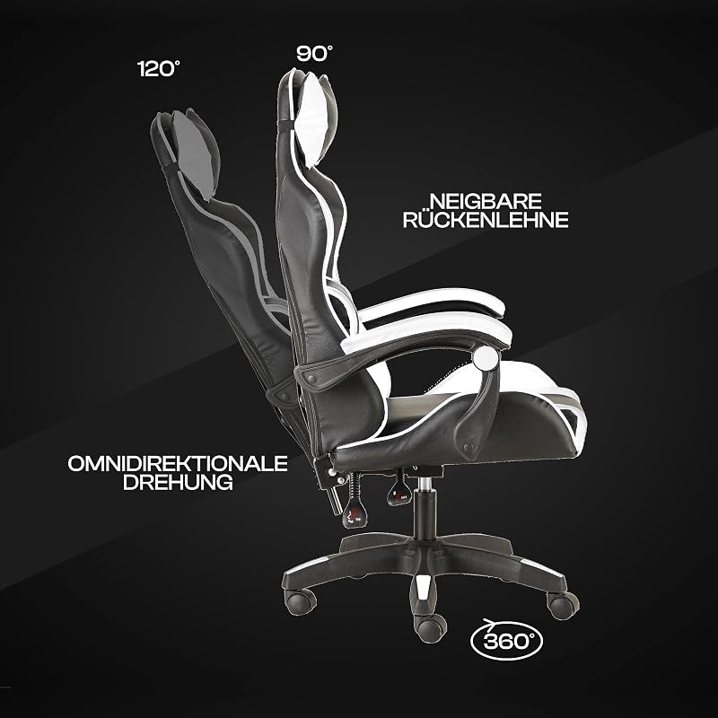 Gaming-Stuhl, ergonomischer Bürostuhl, gepolstert Gaming Sessel mit bequemer, Verstellbarer Rückenlehne, Gamer Chair mit Kopfstütze und Lendenwirbelstütze, Weiß