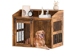 LOVMOR Large Dog Crate Furniture, 40” Dog Crate with Sliding Barn Door, Dog Kennel Furniture Style House, Wooden Decorative Pet House End Side Table, Chew-Resistant, Rustic Brown