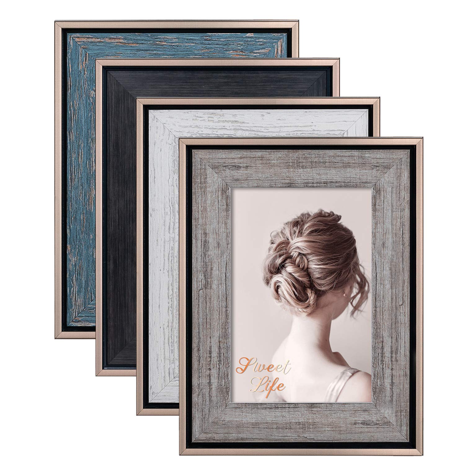 EGOFINE 6x4 Photo Frames Rustic - Distressed Frames 6x4 with Real Glass for Tabletop and Wall Mounting Display, Set of 4