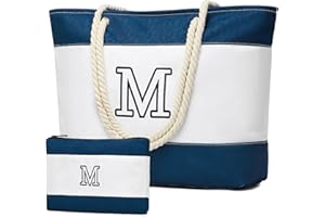 Becokan Initial Beach Bag Waterproof Canvas Beach Tote Bag Zipper Personalized Gifts for Women Her Birthday Travel Essentials