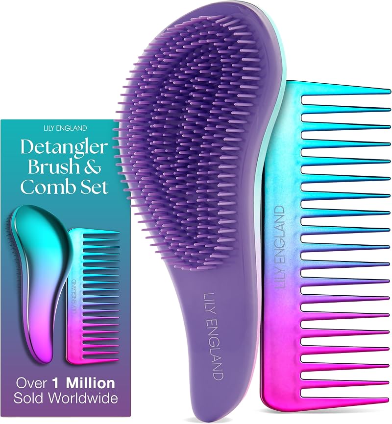 Lily England Detangle Hair Brush and Wide Tooth Comb Set Ombre