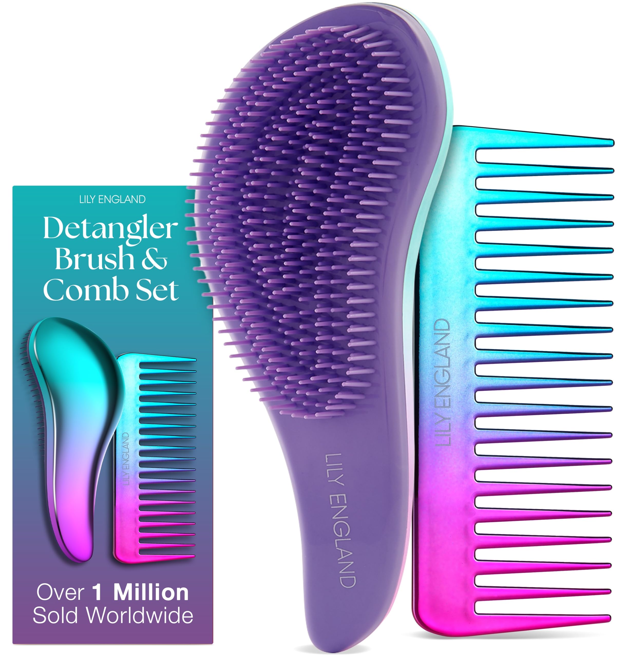 Detangle Hair Brush and Wide Tooth Comb Set Easy to Hold Detangler Hairbrush and Detangling Comb for Women and Kids for Wet or Dry, Fine, Curly, Thick, Afro Hair by Lily England (Ombre)