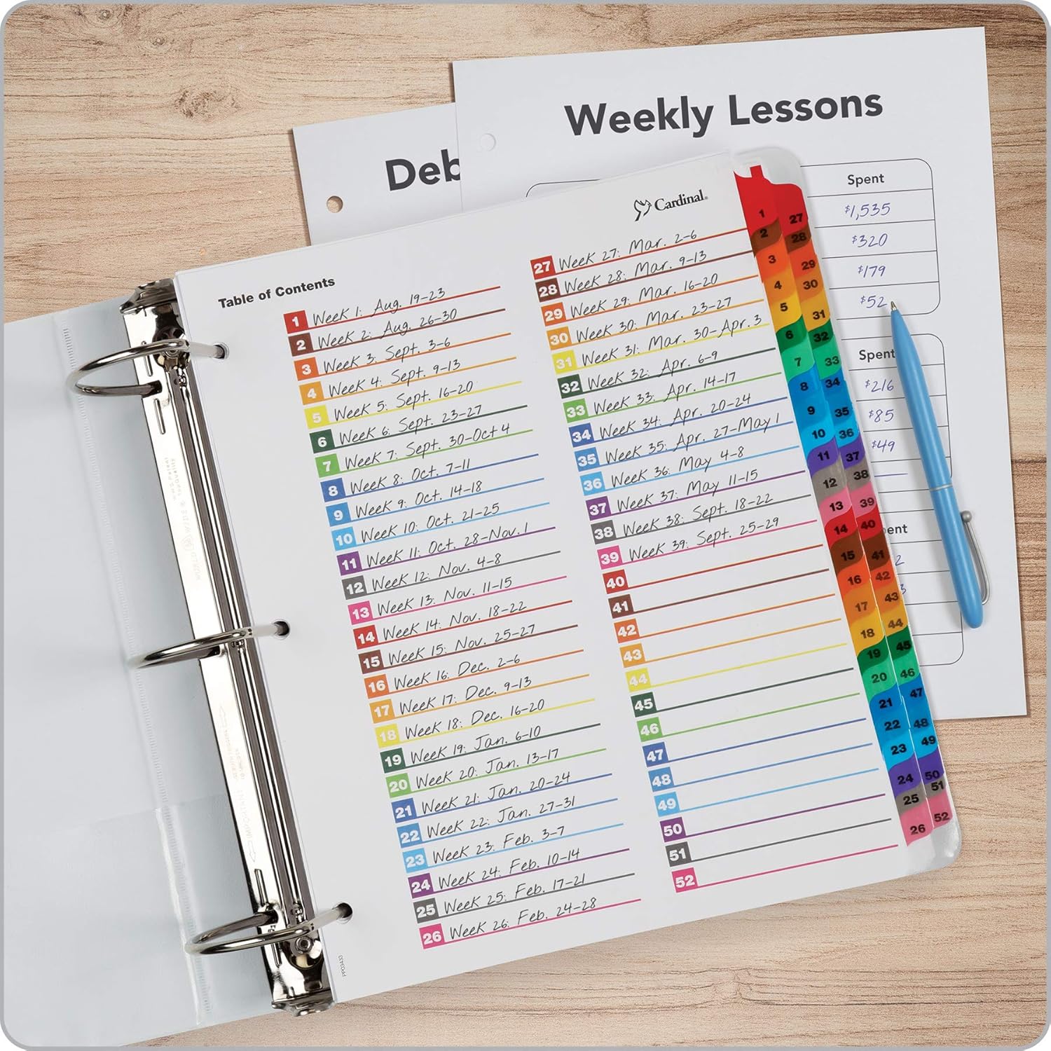 Cardinal OneStep Binder Dividers, 52-Tab, Customizable Table of Contents, Reversible Multicolor Tabs, Numbered 1–52, 1 Set (60118) : Binder Index Dividers : Office Products