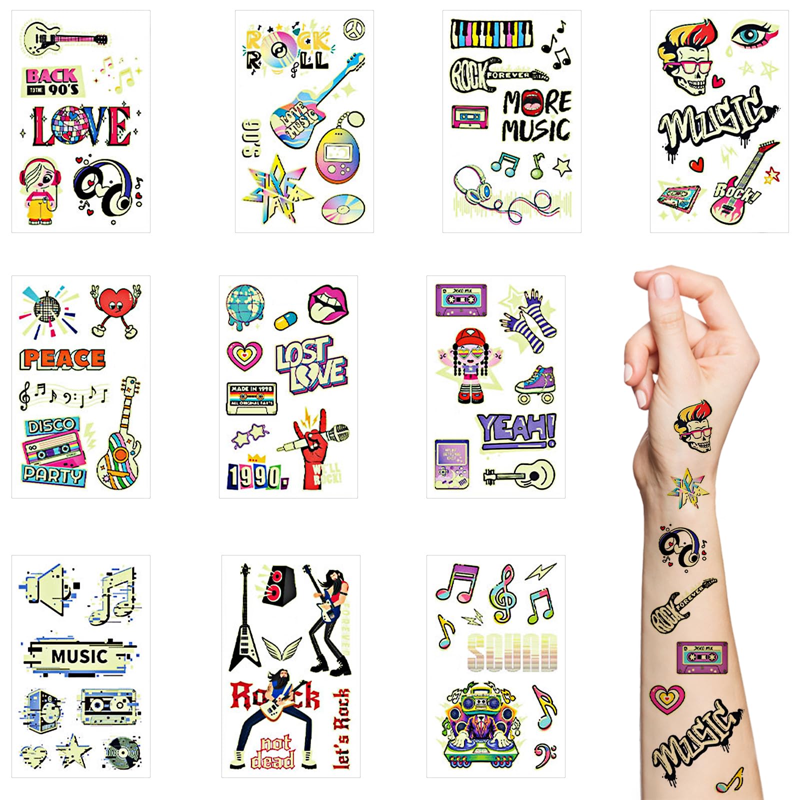 10 Sheets Rock and Roll Rave Festival Temporary Tattoos Sticker,Music Festival Party Glow in The Dark Accessories for Women Men in Party Favors Supplies