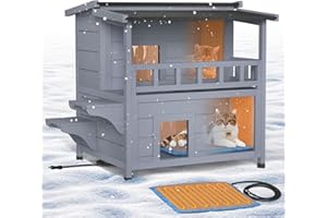 PETIMBER Heated Cat House for Outside - Wooden Outdoor Cat House Weatherproof, 2-Storey Clawsable Insulated Cat Houses with Balcony, Winter Warm Feral Cat Shelter with Heated Pad, for Multiple Kitties