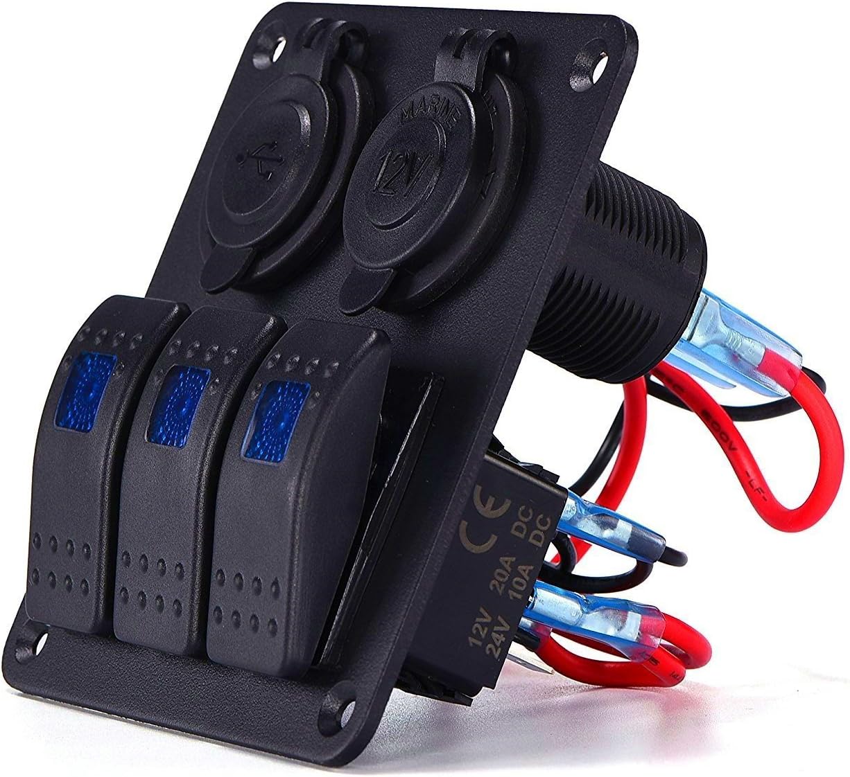 MKING Waterproof 3 Gang Car Marine Boat Rocker Switch Panel with Fuse Dual USB + Power Socket Digital Voltmeter Overload Protection for RV Car Boat (3 Gang)… (B-3GANG-BLUE) : Sports & Outdoors