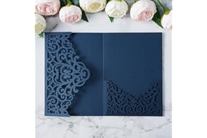 ponatia 20PCS Navy Blue Laser Cut Wedding Invitations Pockets, Tri-fold 5x7 Laser Cut Invitation Pockets for Wedding Bridal Shower Quinceanera 15 Anos Invite (No Envelopes & Inner Sheets)
