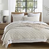 HORIMOTE HOME 100% Linen Front/100% Cotton Back Quilt Set Queen Size, Beige Pre-Washed European Flax Linen Quilt, Diamond Stitch Bedspread Coverlet Bedding Set 3-Piece for All Seasons