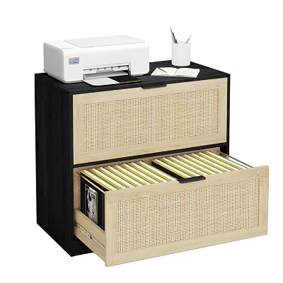 HOPUBUY 2 Drawer File Cabinet with Lock, Printer Stand Lateral Filing Cabinets for Home Office and School, Wood Rattan File Cabinet for Hanging Files/Letter/Legal/A4/F4 Size, Black