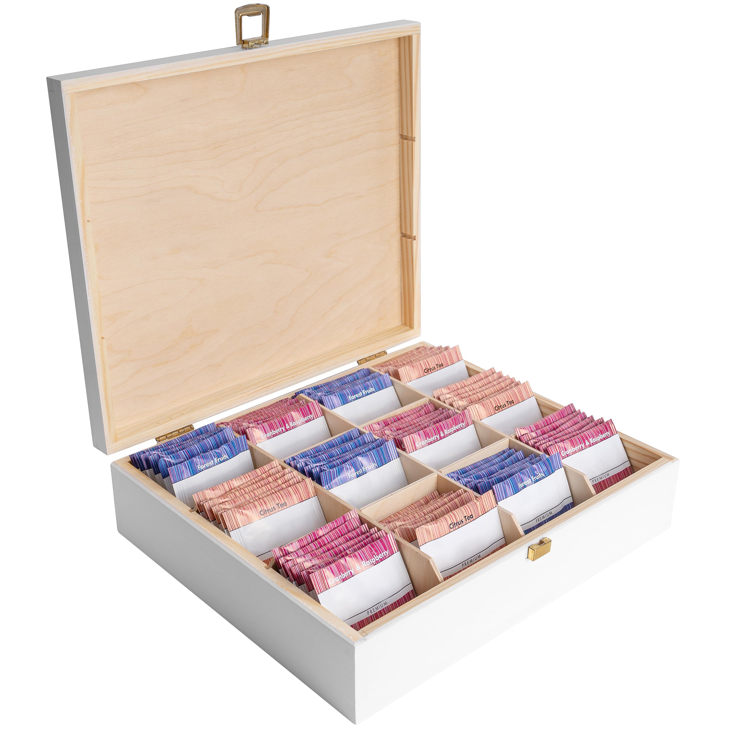 Creative Deco White Wooden Tea Box Storage Lid | 12 Compartments | 29x25.5x7.5cm | Natural Wood | Luxury Compartment Organiser Keepsake Caddy Chest Easter | Chocolate Coffee | Gift Box