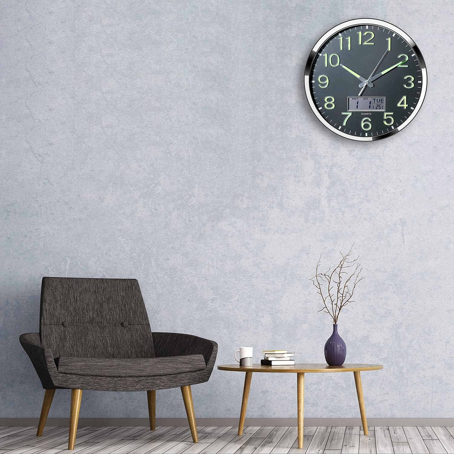 Luminous Wall Clock - 14’’ Extra Large Wall Clocks with Glowing Function LCD Display - Silent Movement for Kitchen Bedroom - Digital Wall Clocks Display Date Week Temp - Battery Operated (Green Light): Kitchen & Dining