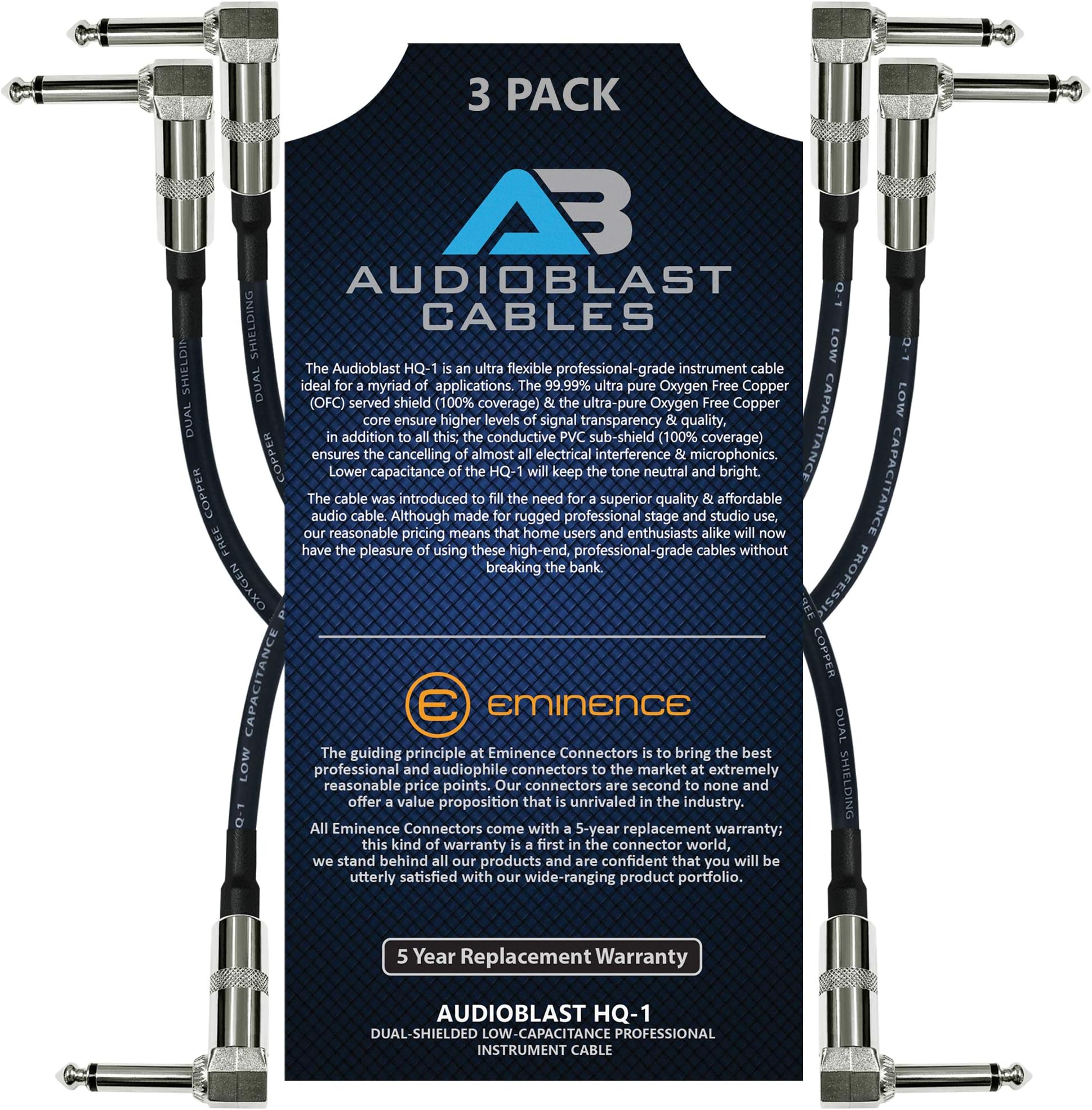Audioblast - 3 Units - 12 Inch - HQ-1 Braid (Black) Flexible -Dual Shielded(100%)-Guitar Instrument Effects Pedal Patch Cable w/Eminence Right-Angled ¼ inch (6.35mm) TS Plugs & Double Staggered Boots