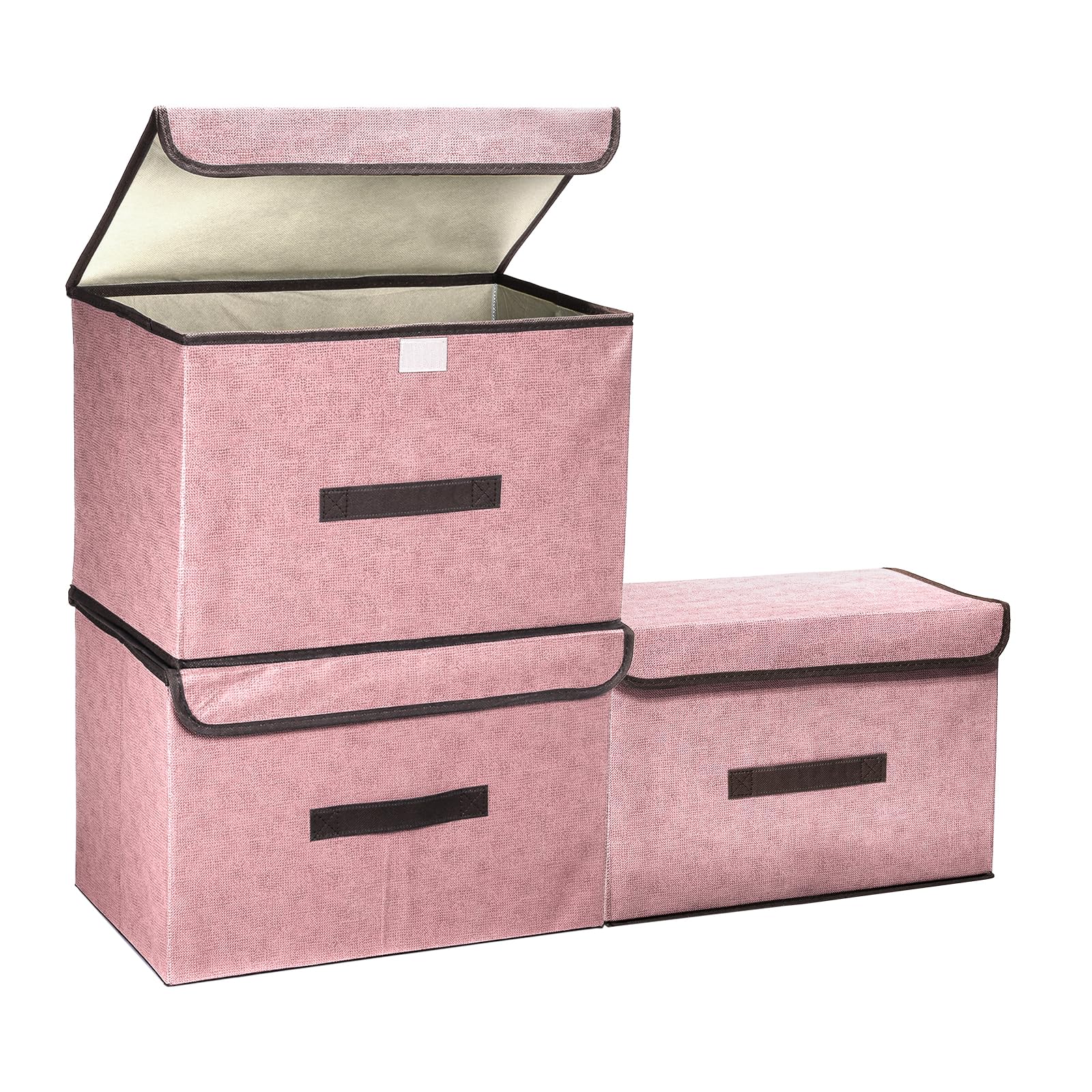 PATIKIL Fabric Collapsible Storage Bin 14.2 x 9.1 x 9.4 Inch, 3 Pcs Foldable Storage Box Cube with Lids and Handle Organizer Container for Home Bedroom Closet Clothes, Pink