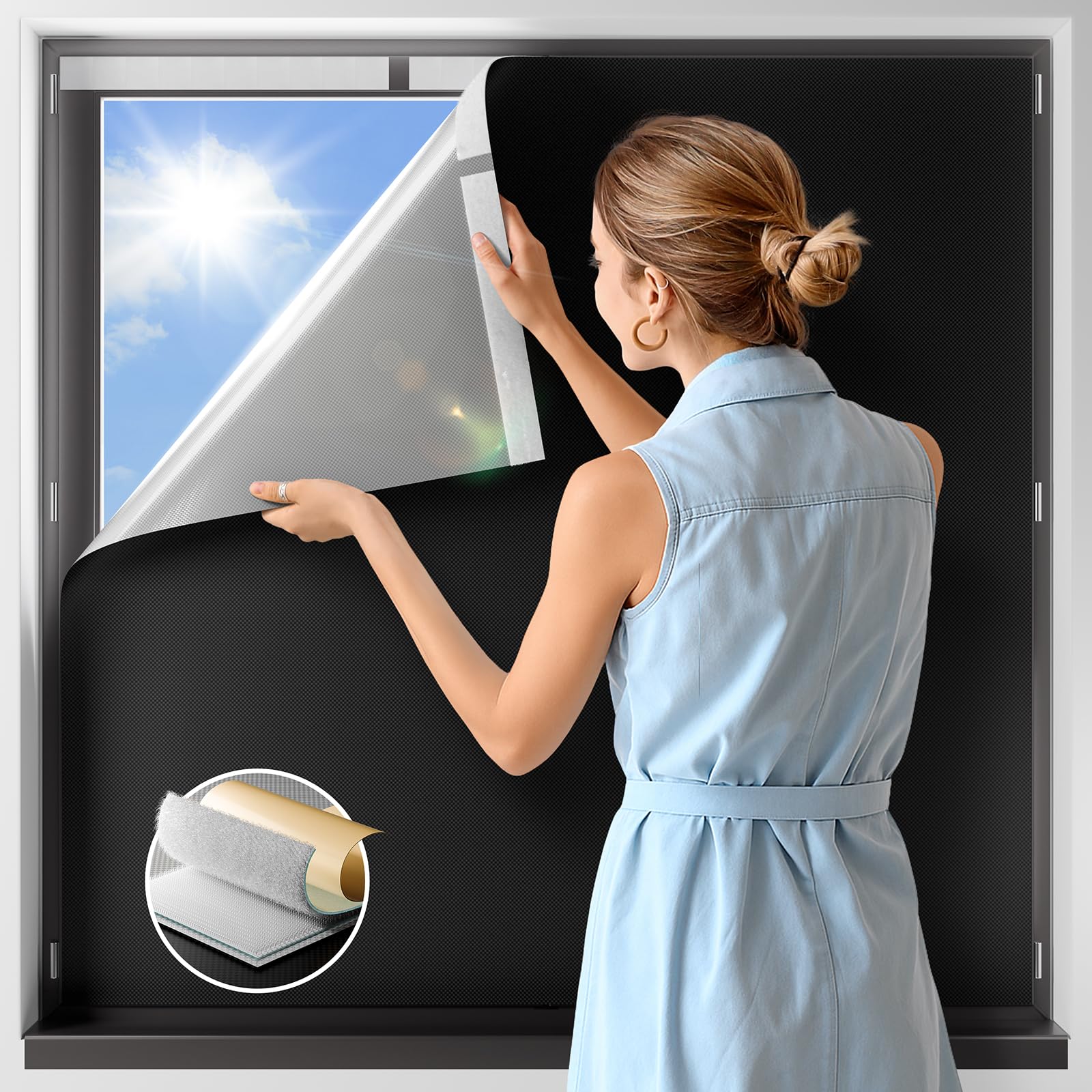 NIGHTON 100% Blackout Curtains for Bedroom, No Drill Black out Blinds With Upgraded Hook and Loop Tape, Portable Blackout Curtains for Window Cover Baby Nursery,Travel,RV- 1 Panel Black 60''W x 48'' L