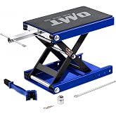OMT 1100lb Motorcycle Scissor Lift Jack Wide Deck Motorbike Hoist Stand | Center Stand For ATV Dirt Bike Cruiser; T Handle And 3/8 Inch Socket; 3.7 To 14.6 Inch Lift; 5 Locking Holes; Chain Brush