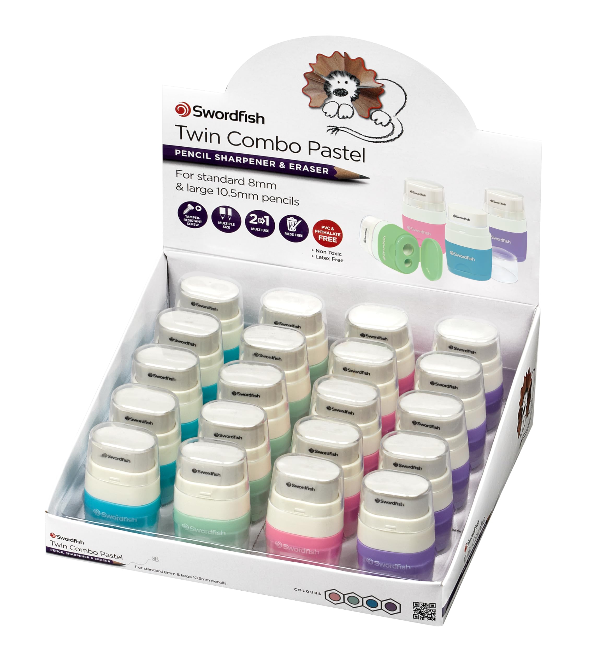 Swordfish ‘Twin Combo’ Pastel Double-Hole Pencil Sharpener and Eraser [Pack of 20] Assorted Colours [40380]