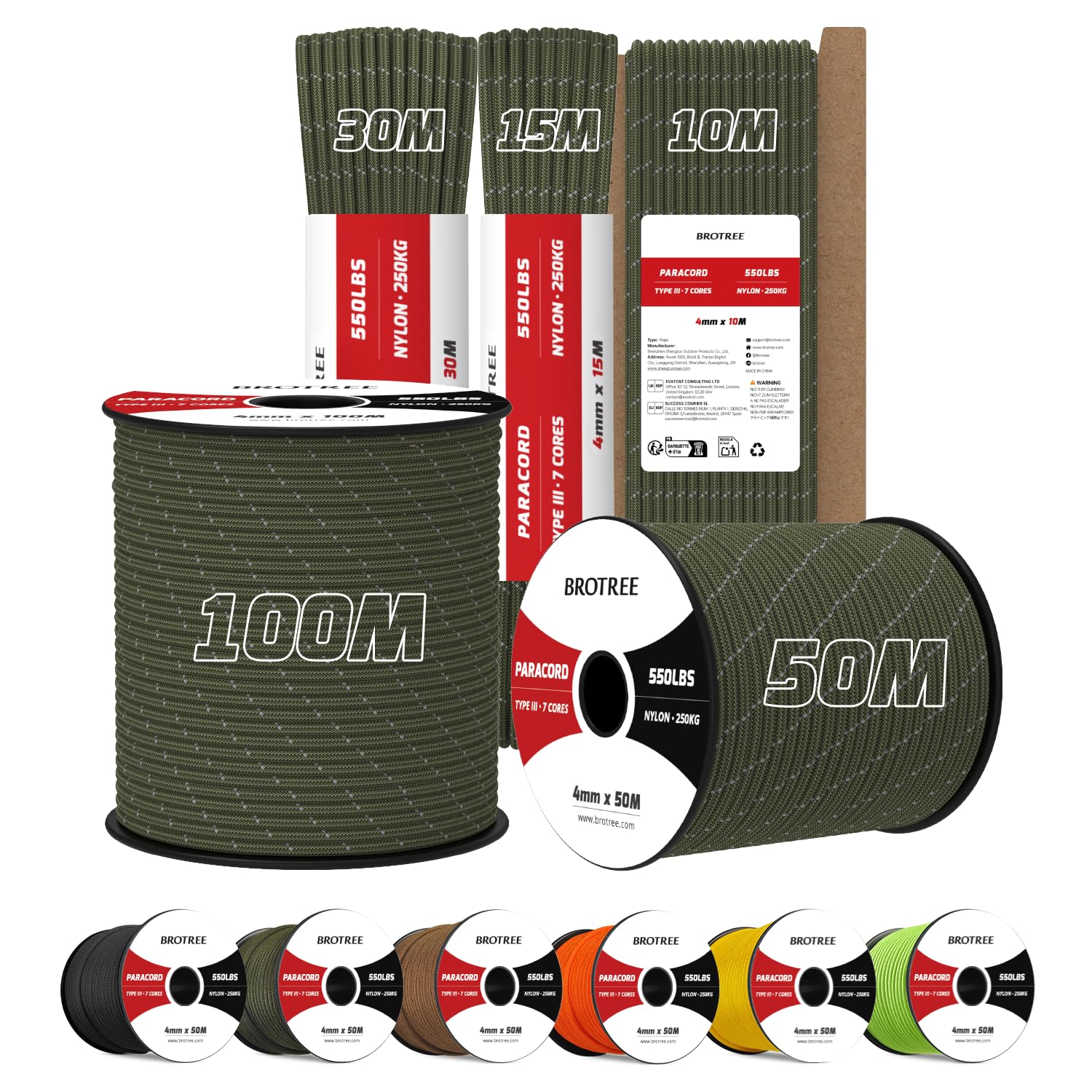 Brotree 4mm Paracord 550 15M 100% Nylon Rope 7 Strands Type III Parachute Cord for Outdoor and DIY - 250kg Breaking Load (Reflective Army Green)