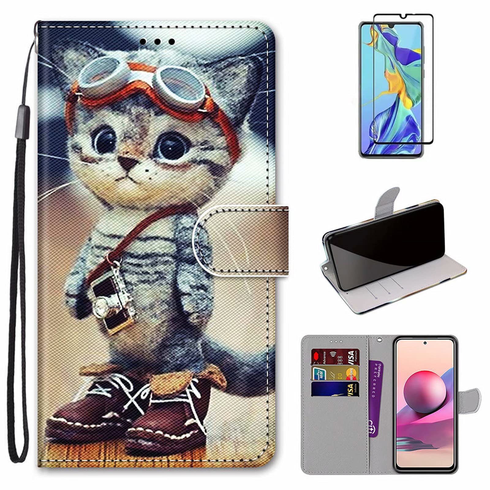 MUTOUREN Compatible with Xiaomi Redmi Note 10 Pro/Note 10 Pro Max Case with 1* Screen Protector, PU Leather Wallet Case Flip Folio Cover Magnetic Closure Protective Bumper, Fashion Cat