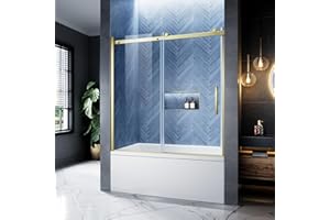 BOUGAINORA Bathtub Shower Door, 56-60" W x 60" H Frameless Single Sliding Tub Shower Door, 5/16" (8mm) SGCC Clear Tempered Glass with Dual Easy-Clean, Stainless Steel Hardware (Brushed Gold, 60" W x 60" H)