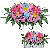 Lodou Artificial Cemetery Flower Saddles,Headstone Saddles for Graves,Lily Rose Flowers Saddle for Cemetery Headstones Decoration Outdoor Memorial Decorations (Pink Lily, Saddle)