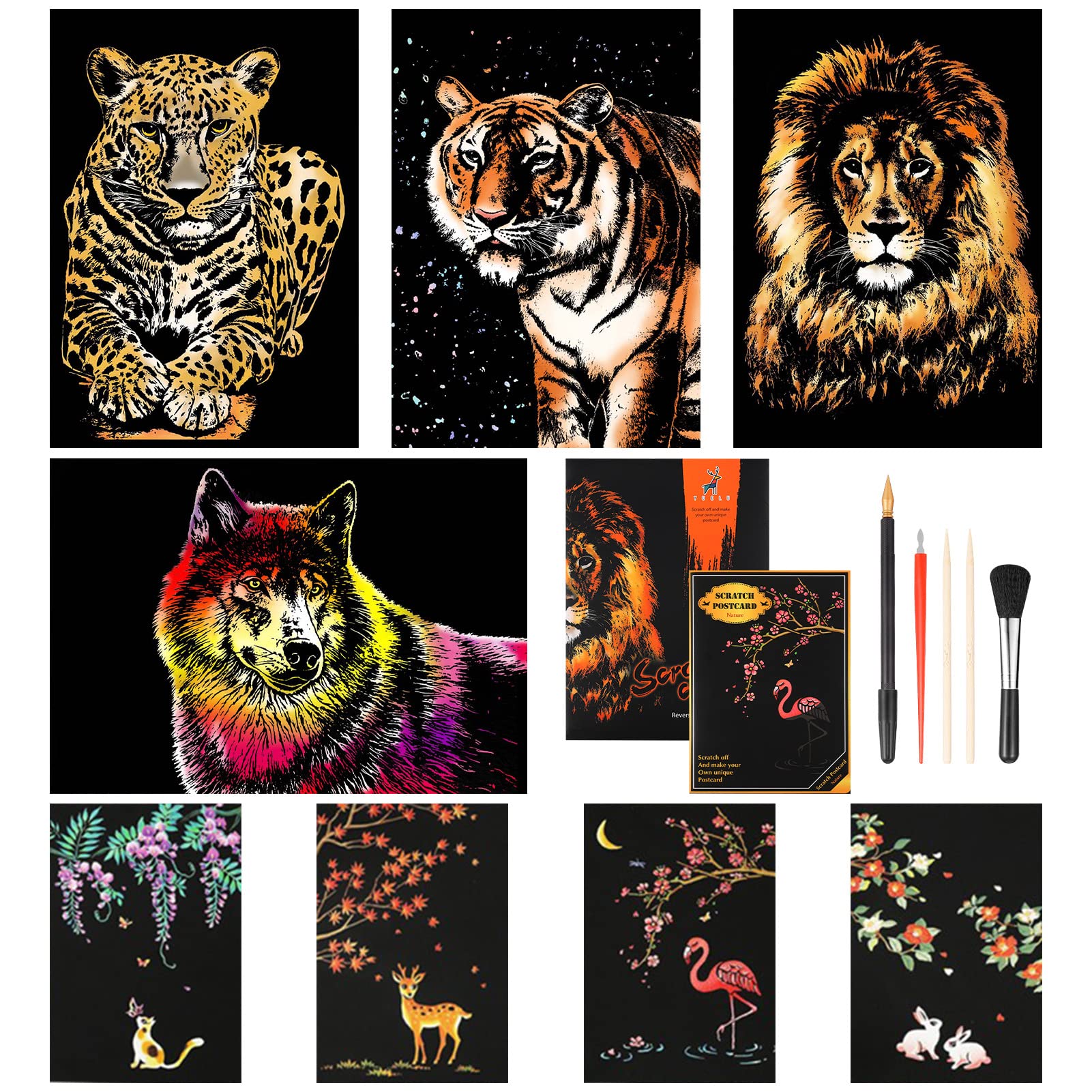 AKlamater 8pcs Scratch Art Paper Animals Rainbow Painting Sketch Art Craft Scratch Scratchboard for Adult and Kids with 5 Tools (A4/A5 Size)