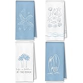 SkipTiger Retro Blue Coastal Beach Kitchen Towels, Tropical Palm Tree Seashell Surfboard Beach Hand Towels for Bathroom Decor, Coastal Nautical Dish Tea Towel for Kitchen, 16x24 Inches Set of 4