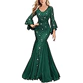 Miusol Women's Deep V Neck Sequin Lace Mesh Tulle Hem Formal Evening Maxi Dress