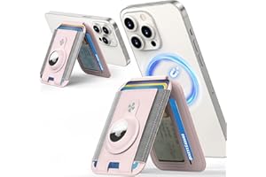 Amzone Mag-Safe with AirTag Holder,Magnetic with Adjustable Stand, Mag-Safe Phone for iPhone 15/14/13/12 Series,7 Card Slots,Vegan Leather (Light Pink)