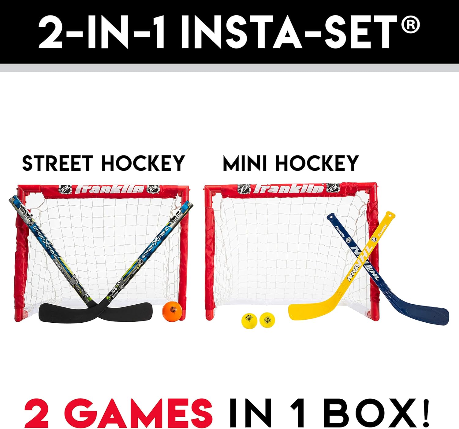 Franklin Sports Kids Folding Hockey 2 Goal Set - NHL - Street Hockey & Knee Hockey - Includes 2 Adjustable Hockey Sticks, 2 Knee Hockey Sticks, 2 Hockey Balls - 24 x 19 x 19 Inch Goal: Sports & Outdoors
