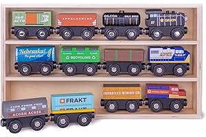 CONDUCTOR CARL Playtime Express Train Set | 12-Piece Wooden Train Box | Includes Unique Custom Designs and Classics: Recycling Transport, Timber Train, Wheat Car, Coal Train, Oil Tanker, and More