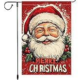 Vintage Santa Christmas Garden Flag 12x18 Inch Double Sided Burlap Outdoor Holiday Yard Decoration Merry Christmas Winter Banner Jolly Santa Face Red Holly Background