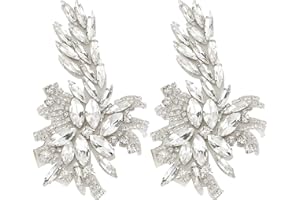 FINGERINSPIRE 2PCS Flower Crystal Applique Patch (Platinum, 3.9x2.2 inch) Flower Leaf Glass Rhinestones Applique Sew on Patch, Wedding Bridal Belt Applique DIY Embellishments for Costumes, Shoes