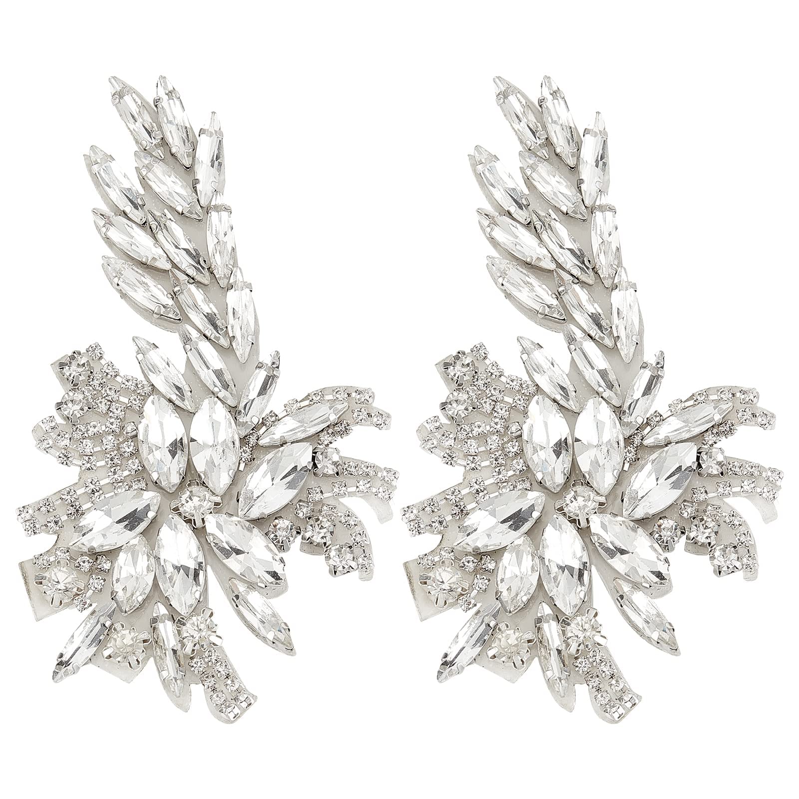 FINGERINSPIRE 2PCS Flower Crystal Applique Patch (Platinum, 10x5.5cm) Flower Leaf Glass Rhinestones Sew on Patch, Wedding Bridal Belt DIY Embellishments for Costumes, Shoes — image 1