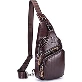 BULLCAPTAIN Men Sling Chest Bag Genuine Leather Casual Multipurpose Crossbody Shoulder Backpack Travel Hiking Daypack (Brown)