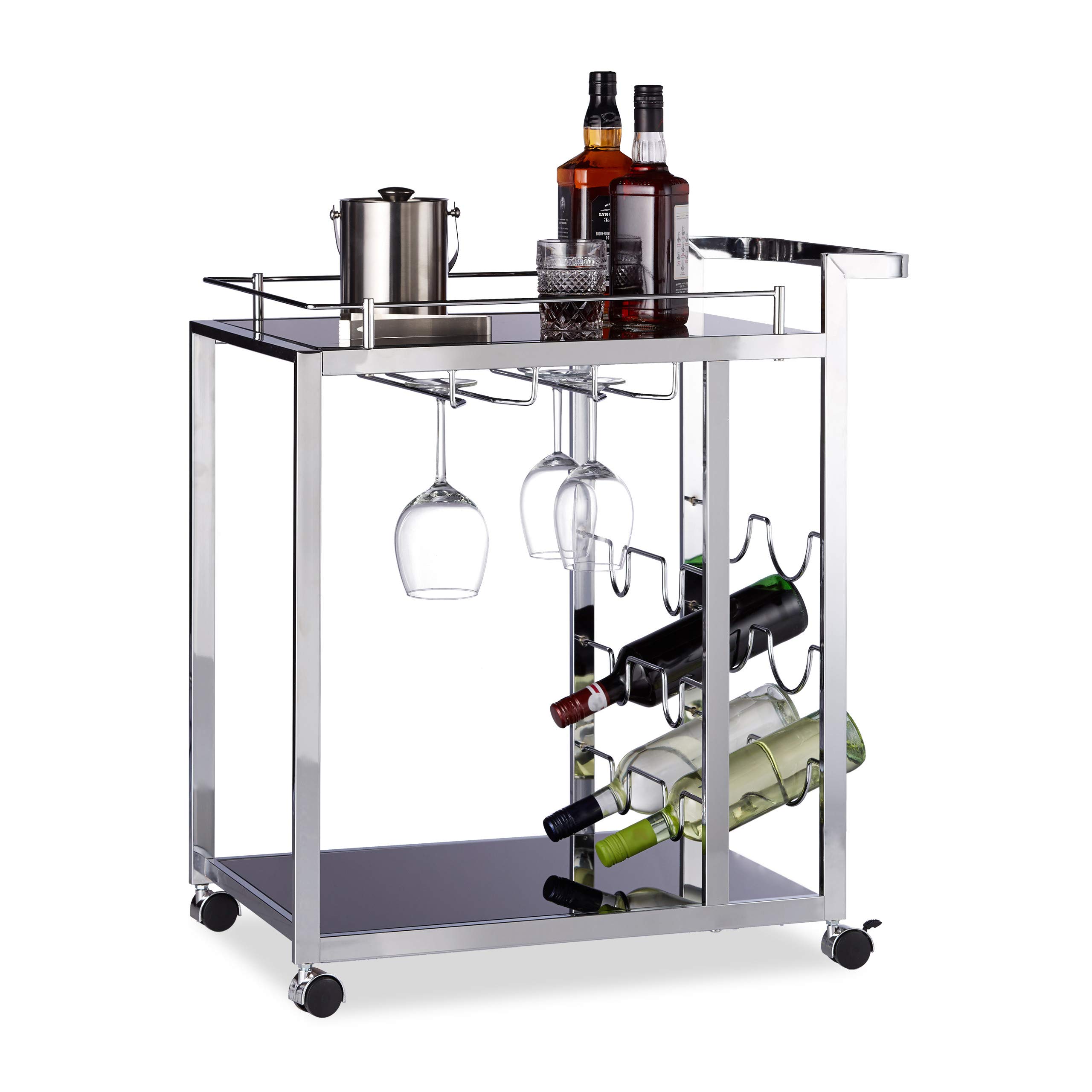 Relaxdays BARON Glass Serving Trolley, Design, Wine Rack for 6 Bottles, HxWxD: 75 x 40 x 70 cm, Kitchen Cart, Black