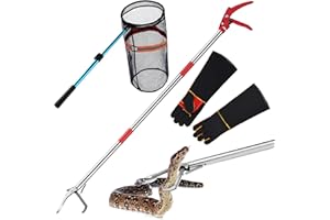 Qualirey Snake Grabber Tool Set, 50" Foldable Snake Tongs and 16"-24" Extendable Catcher Net with Handling Gloves, Professional Reptile Heavy Duty Catcher Wide Jaw Handling Tool